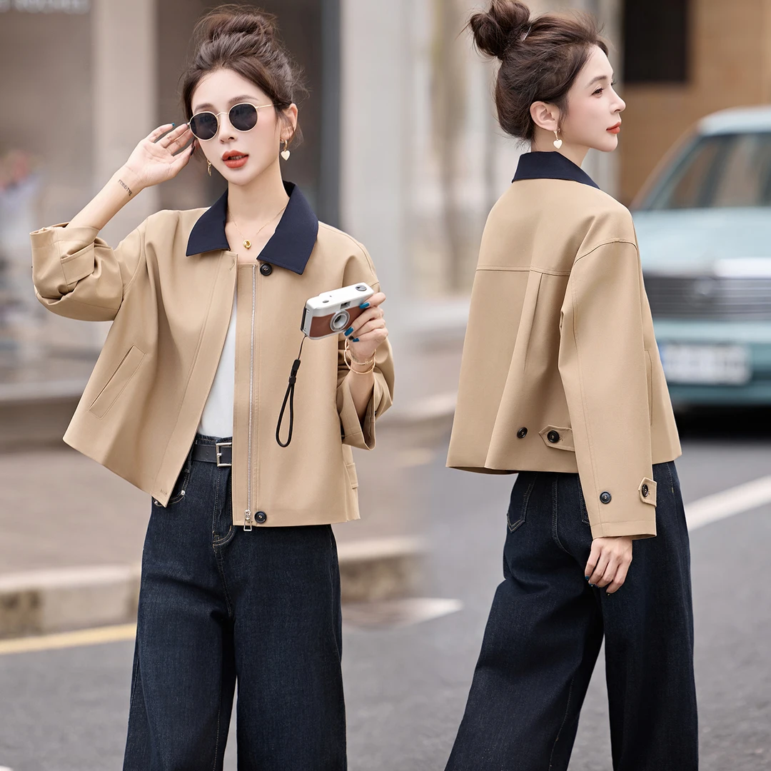 设计感撞色翻领拼接外套女2025年春秋新款小个子气质短款夹克上衣