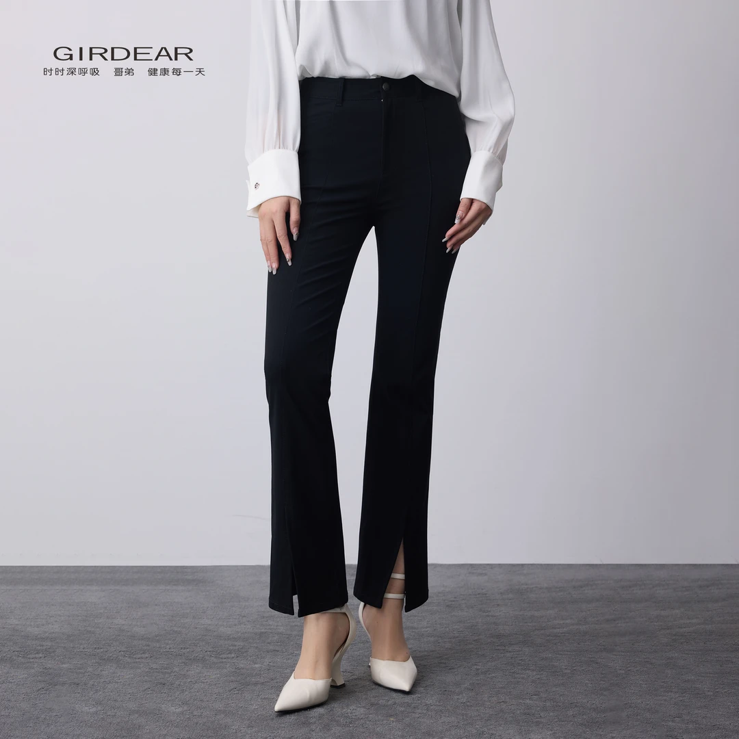 GIRDEAR/哥弟气质百搭高腰显瘦前开叉微喇招牌裤1196452-330511-0