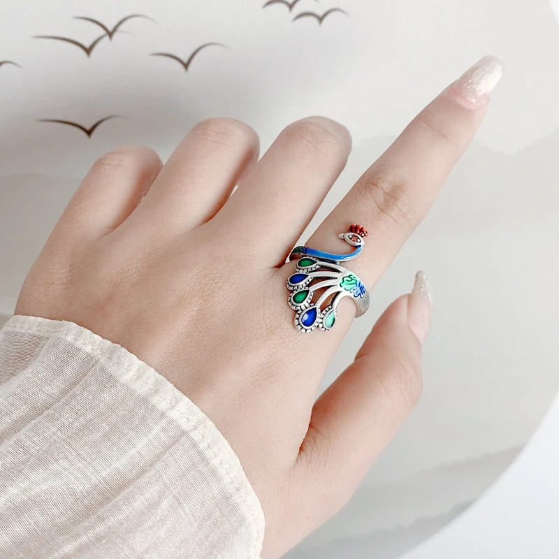 S925纯银彩色孔雀戒指女活口烧蓝工艺凤凰原创设计指环动物戒子