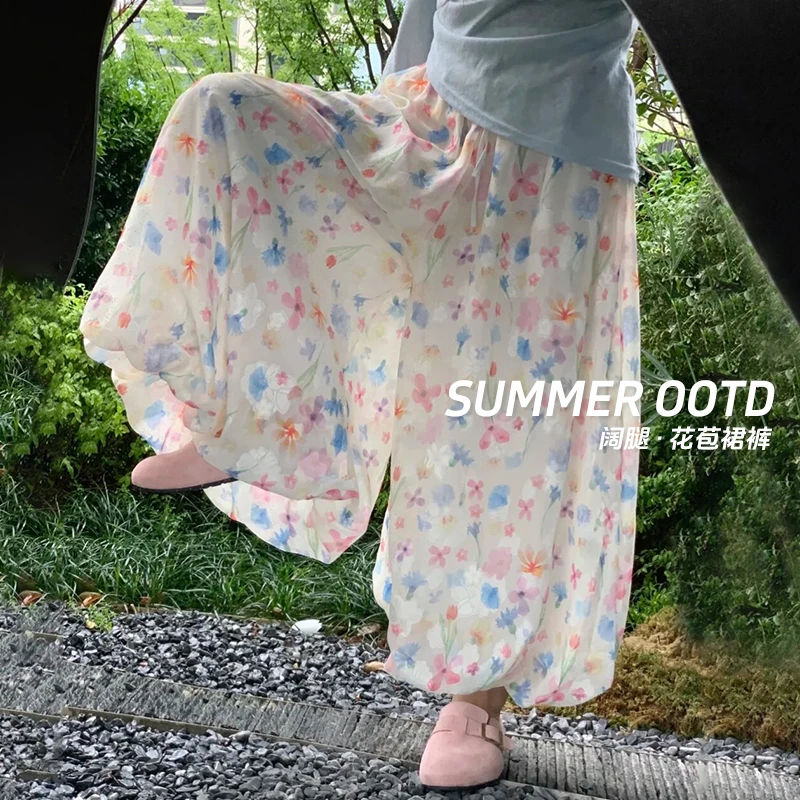 画报甜美碎花花苞裙裤女2025年夏季薄款温柔风显瘦休闲百搭阔腿裤