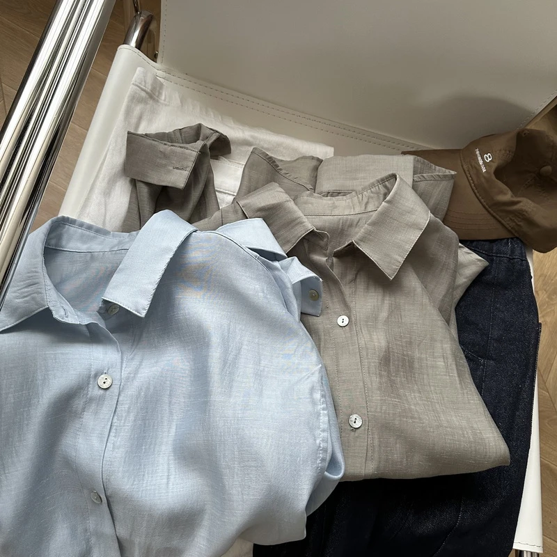 高级感天丝亚麻防晒衬衫 韩系慵懒轻薄透气醋酸长袖衬衣