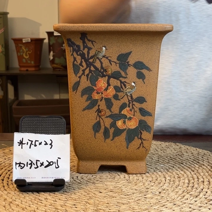 紫砂花盆  柴烧柿柿如意手绘高四方1390