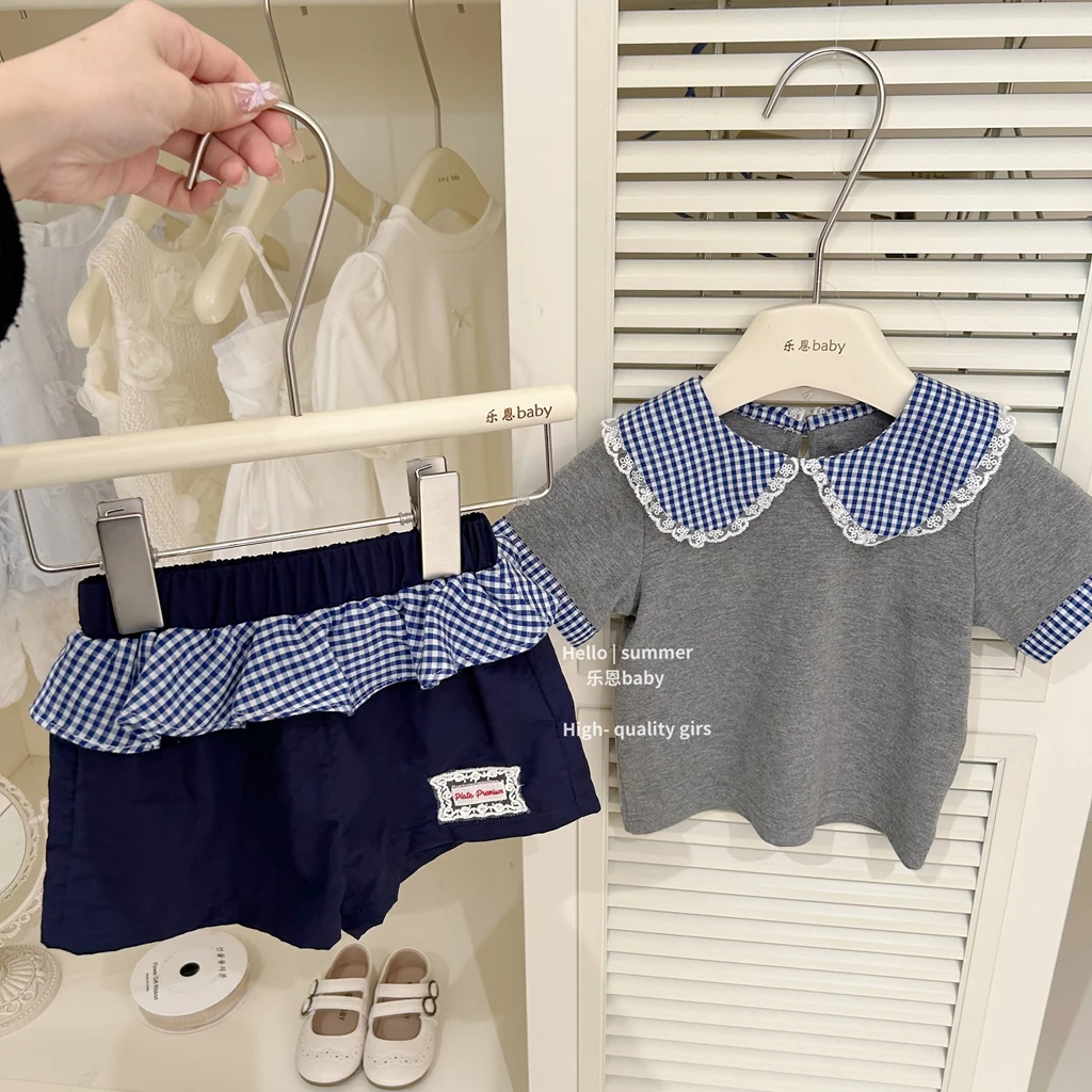 【乐恩baby】2025夏季女童洋气短袖灰色娃娃领上衣百搭短裤格子套装
