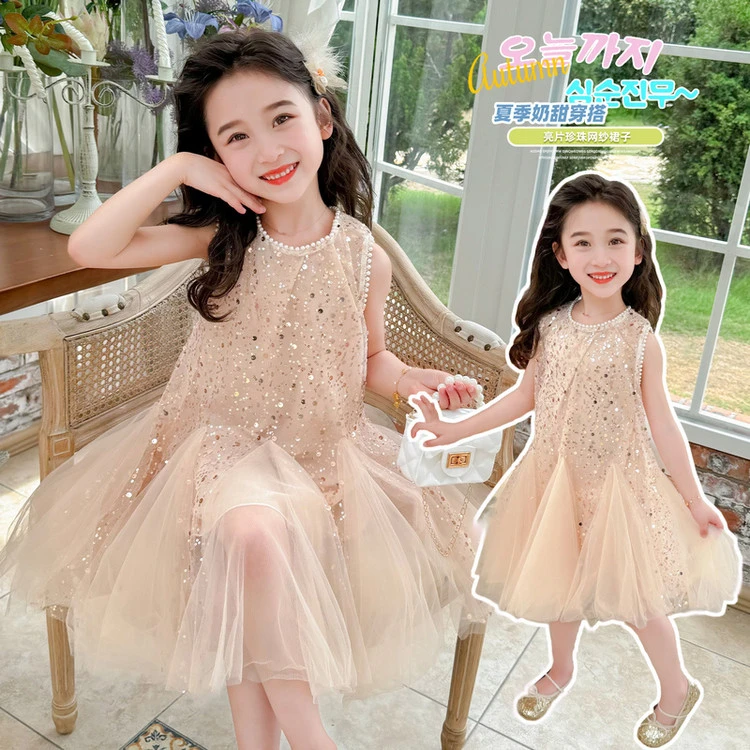 夏季新款小女孩亮片网纱裙公主气质宝宝无袖连衣走秀礼服