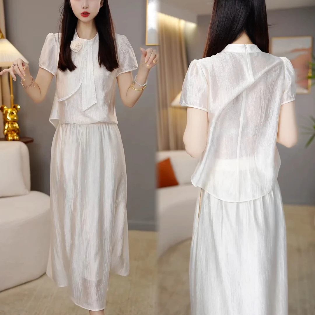 日常气质收腰两件套装夏季新款休闲纯色设计感短袖上衣显瘦套裙子