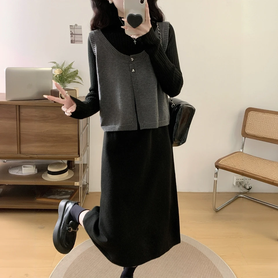 时尚大码女装2025秋冬季新款毛衣裙套装针织衫连衣裙+马甲两件套