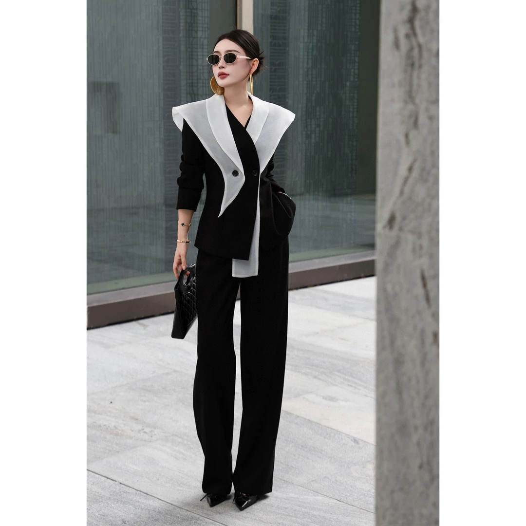 2025早秋新款时尚设计感可拆纱洋气款职业正装西装套装裤两件套女