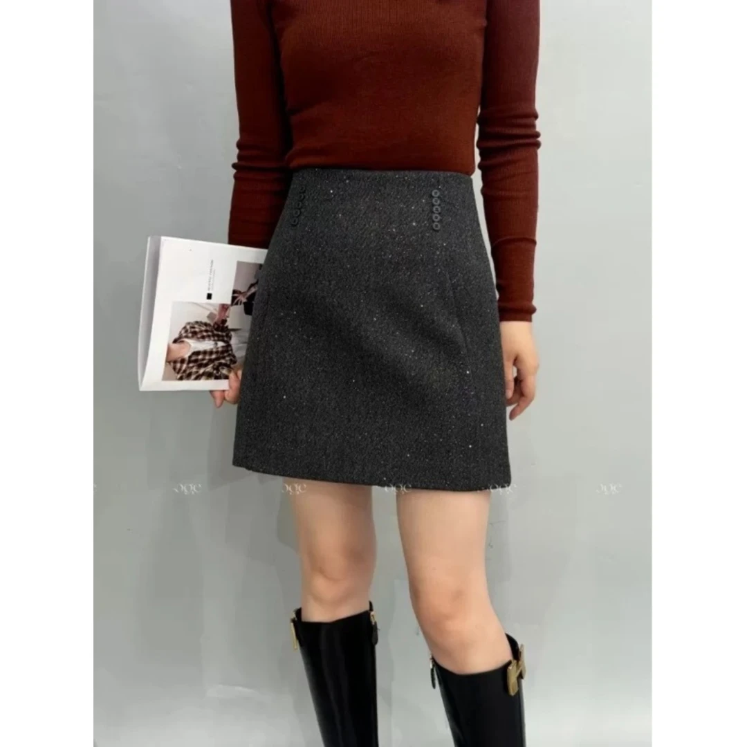 大码小香风重工亮片短款A字裙胖mm冬季加厚毛呢半身裙显瘦包臀裙