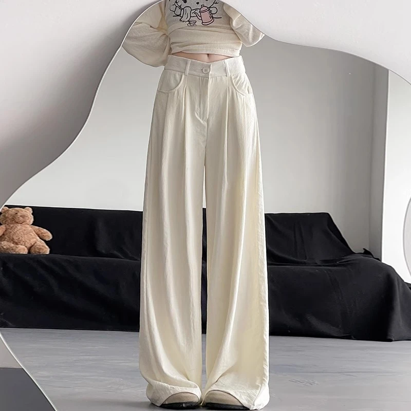 白色奶油褶皱裤女夏季薄款高腰休闲西装奶芙裤垂感窄版阔腿山本裤