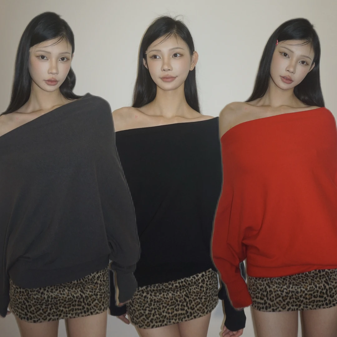 Kissable 慵懒露肩针织季宽松上衣