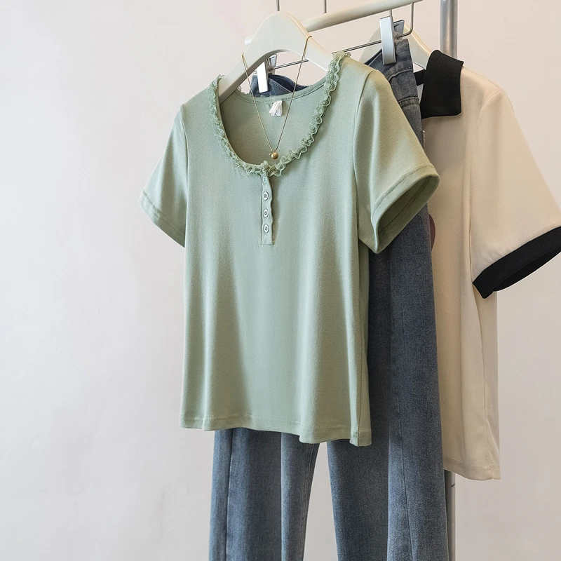 纯欲蕾丝边u领短袖t恤女2025夏季新款露锁骨纽扣修身内搭打底上衣