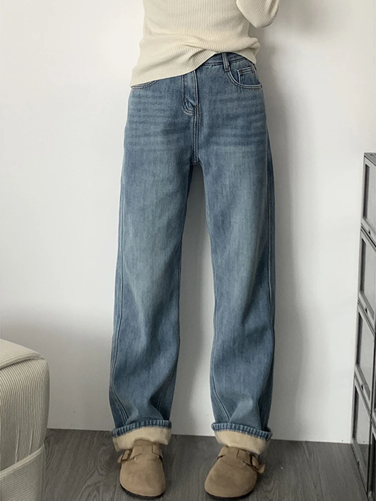 300斤大码胖mm直筒加绒牛仔裤女冬季新款裤子梨形身材显瘦阔腿裤