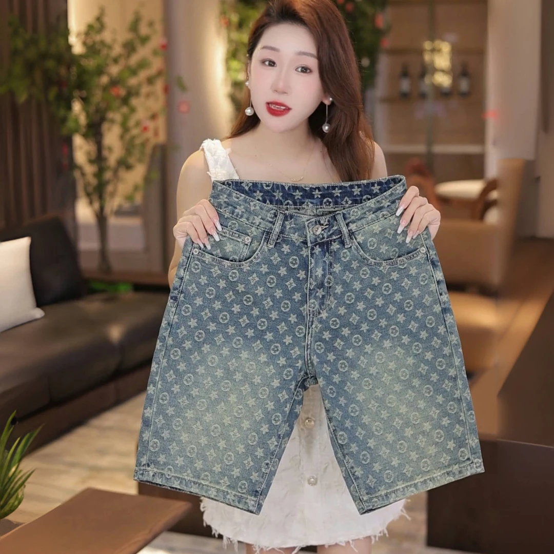 INTI夏季新款原创高端复古蓝色印花个性男士牛仔裤短裤中裤五分潮