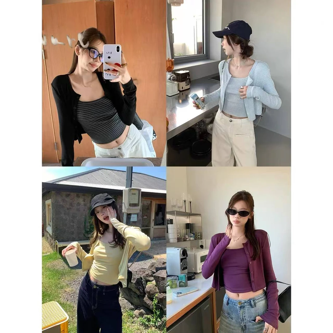 春秋季独特辣妹条纹吊带+短款修身同色系开衫C 9134#