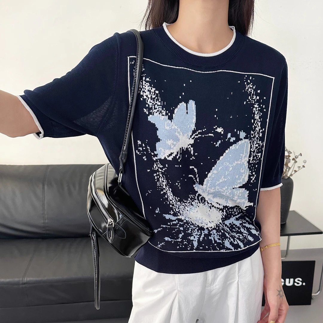 5131【100天丝莱赛尔】时尚短袖t恤女夏季新款洋气女装针织上衣