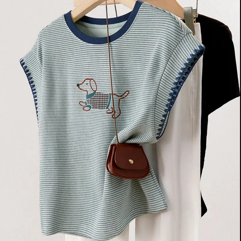 【现货现发】2025春欧若风春游出行减龄卡通印花条纹撞色T恤0347