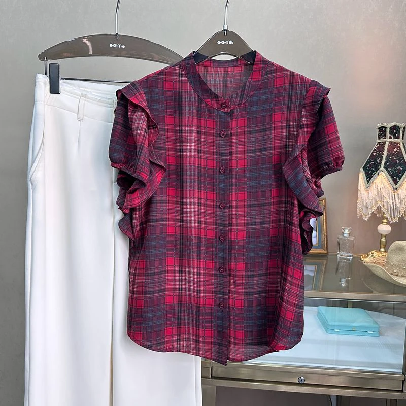 （定制红格）韩版夏季圆领红色格纹女衬衫时尚显瘦百搭格子女衬衣