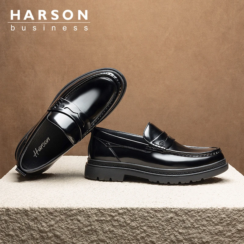 哈森春秋男鞋新款休闲乐福鞋英伦风懒人一脚蹬豆豆鞋真皮软底皮鞋