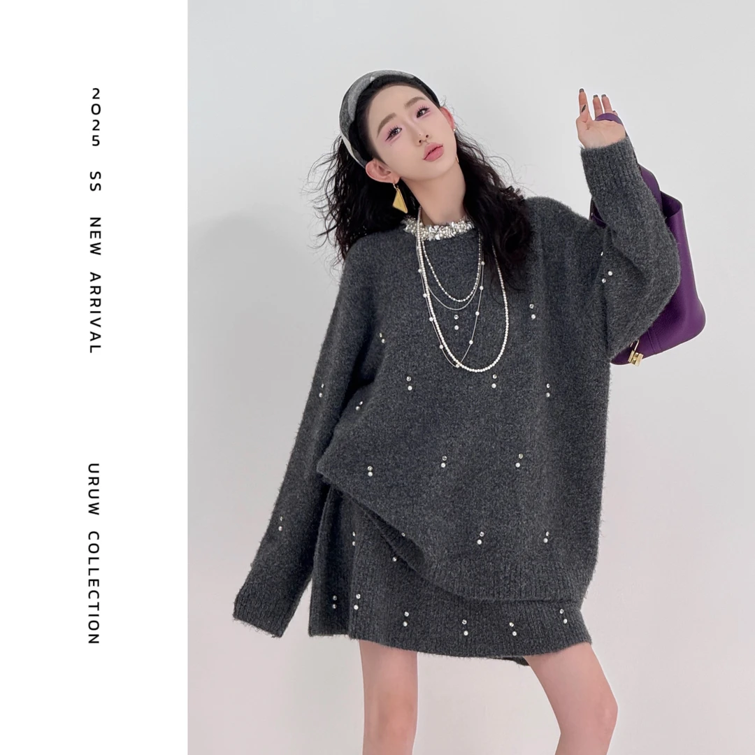 现货【颖子定制】舞会精灵~设计钉珠珍珠套头毛衣针织半裙套装 9025
