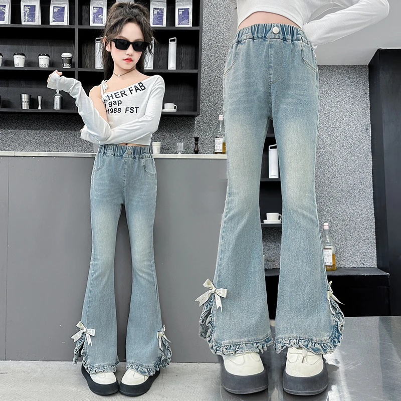 女童牛仔裤新款春季牛仔喇叭裤开叉裤子显瘦高腰弹力微喇叭长裤潮