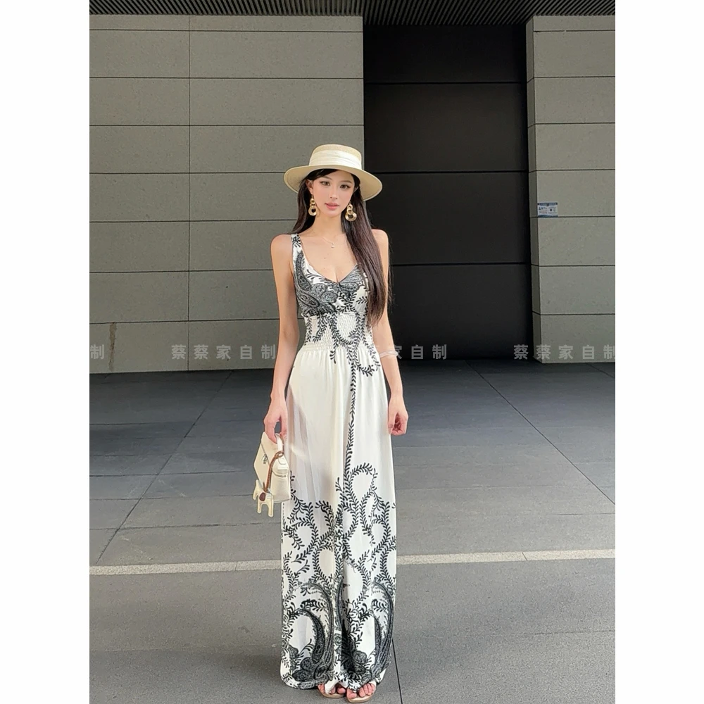 蔡蔡家「绯香玉骨」纯欲度假风气质名媛收腰印花吊带连衣裙长裙019#