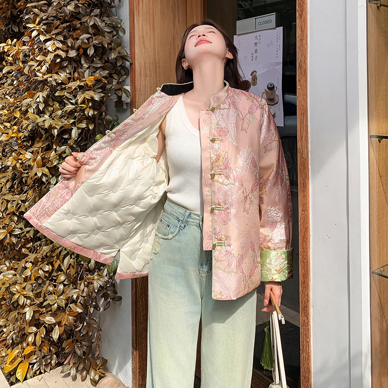 粉色中式国风印花羽绒服轻薄外套女今年流行设计感盘扣上衣