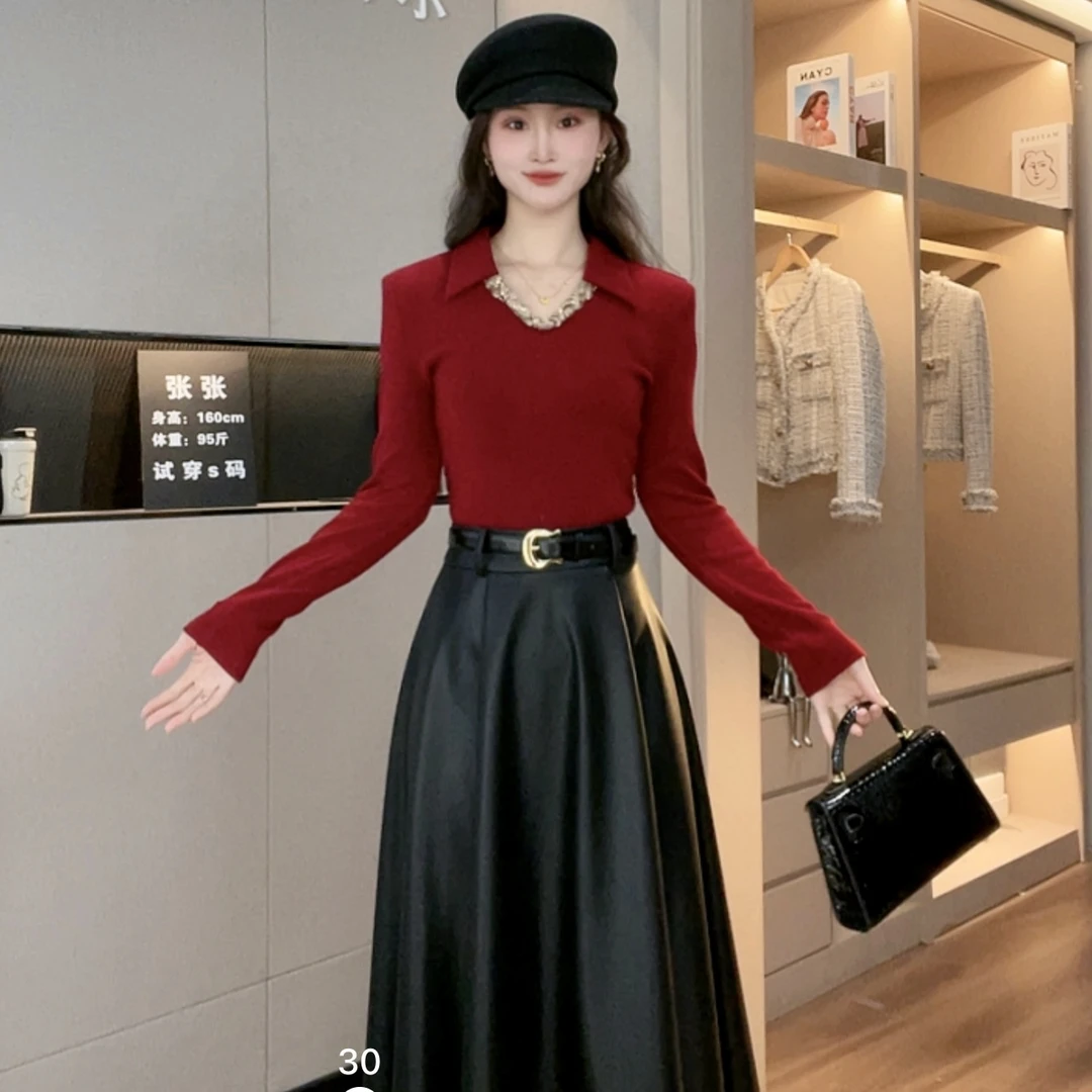 拉夏贝尔/25年秋季新款气质显瘦内搭长袖毛衣+伞裙皮裙 10249 LSC