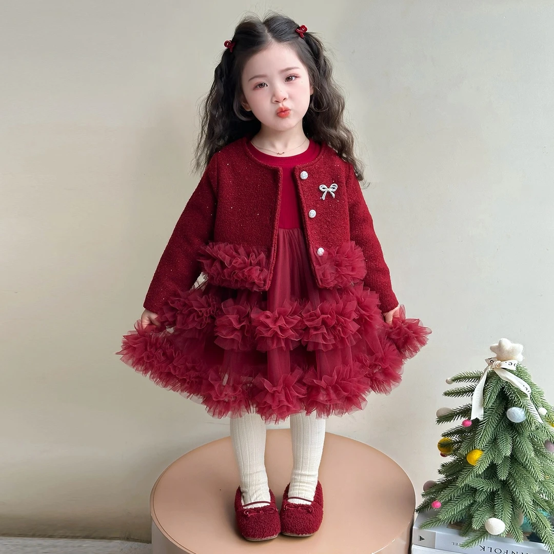 女童红色毛线连衣裙秋冬洋气蛋糕裙公主裙女孩圣诞小香风加绒加厚