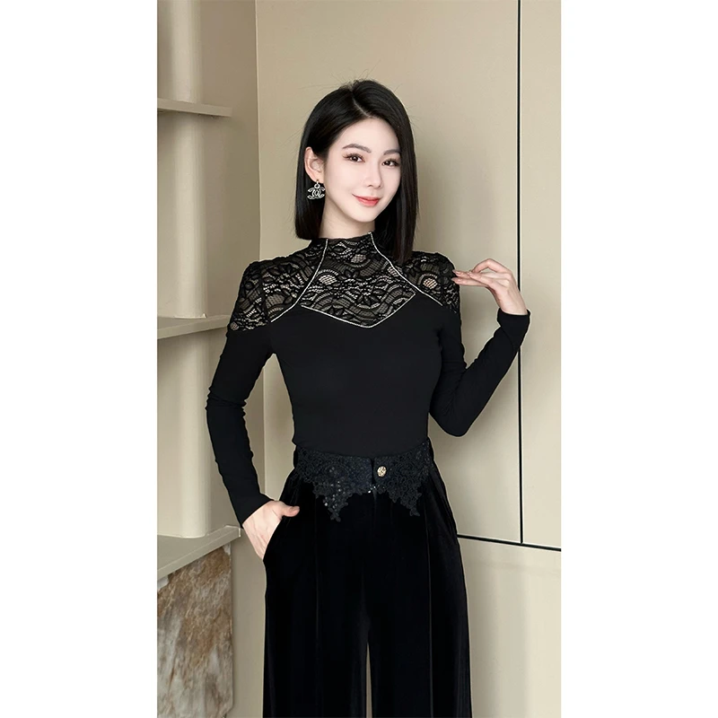 格娜2025新款秋冬蕾丝打底衫修身圆领蕾丝黑色保暖长袖打底衫