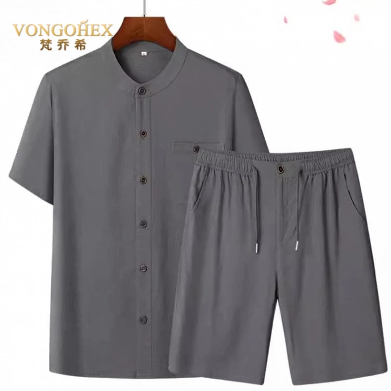 VONGOHEX亚麻短袖衬衫套装男夏季新中式国风唐装爸爸棉麻衬衣套装