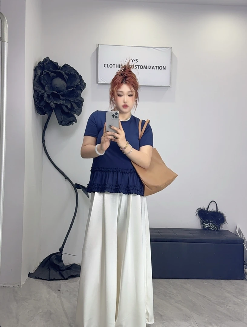 chic高级感木耳边纯色收腰显瘦阔腿裤套装