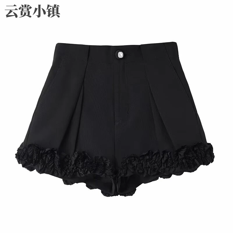 YUNSHANG  TOWN/云赏小镇三分裤热裤木耳边压褶高腰宽松显瘦直筒