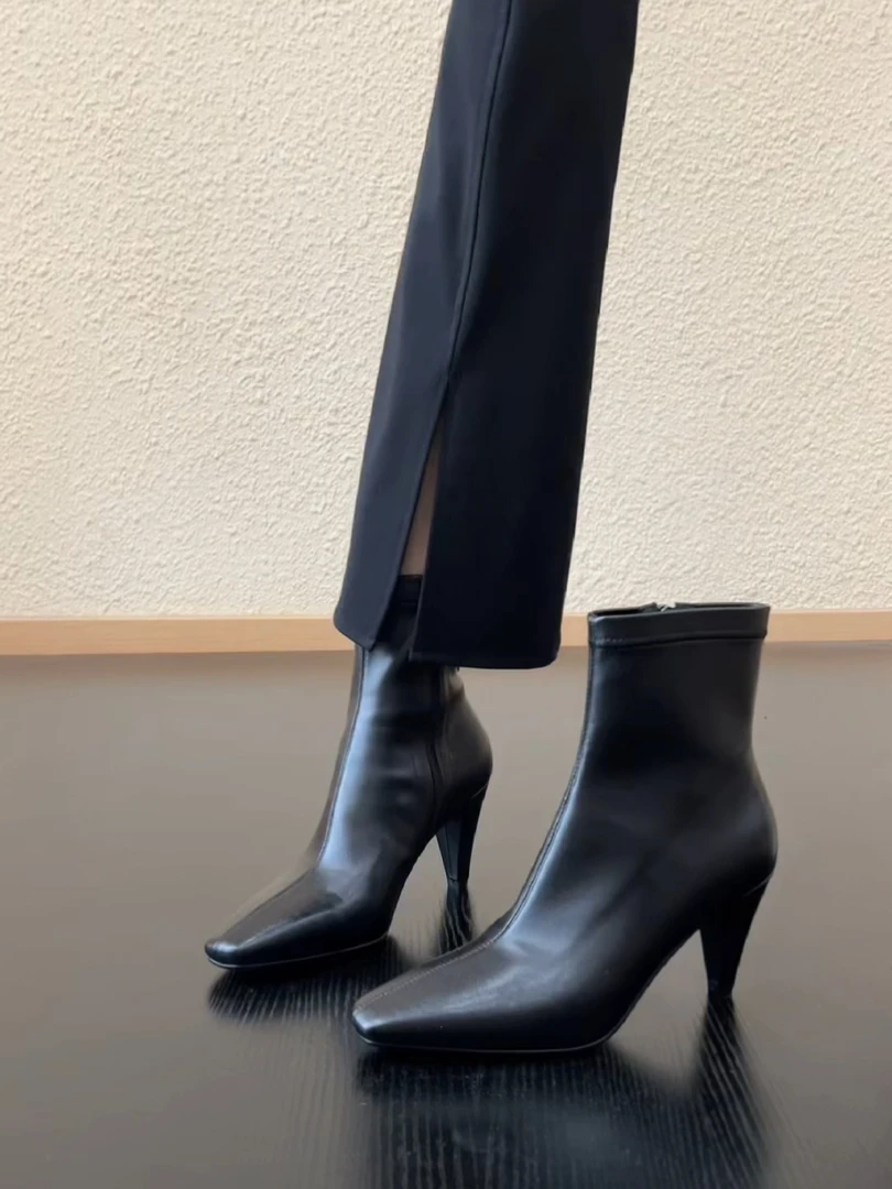 Pokoy-7.5cm小个子复古方头侧拉链通勤短靴极简风百搭细跟时装靴