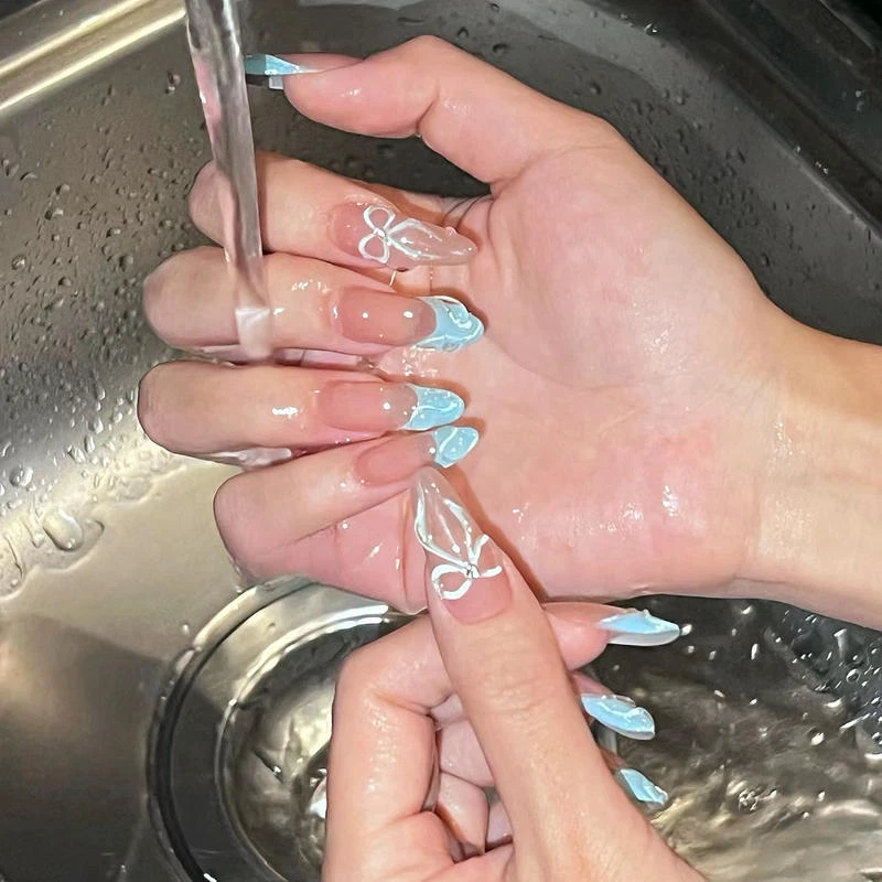 手捏蝴蝶结法式纯手工穿戴甲长款显白秋款美甲用品贴片假指甲片