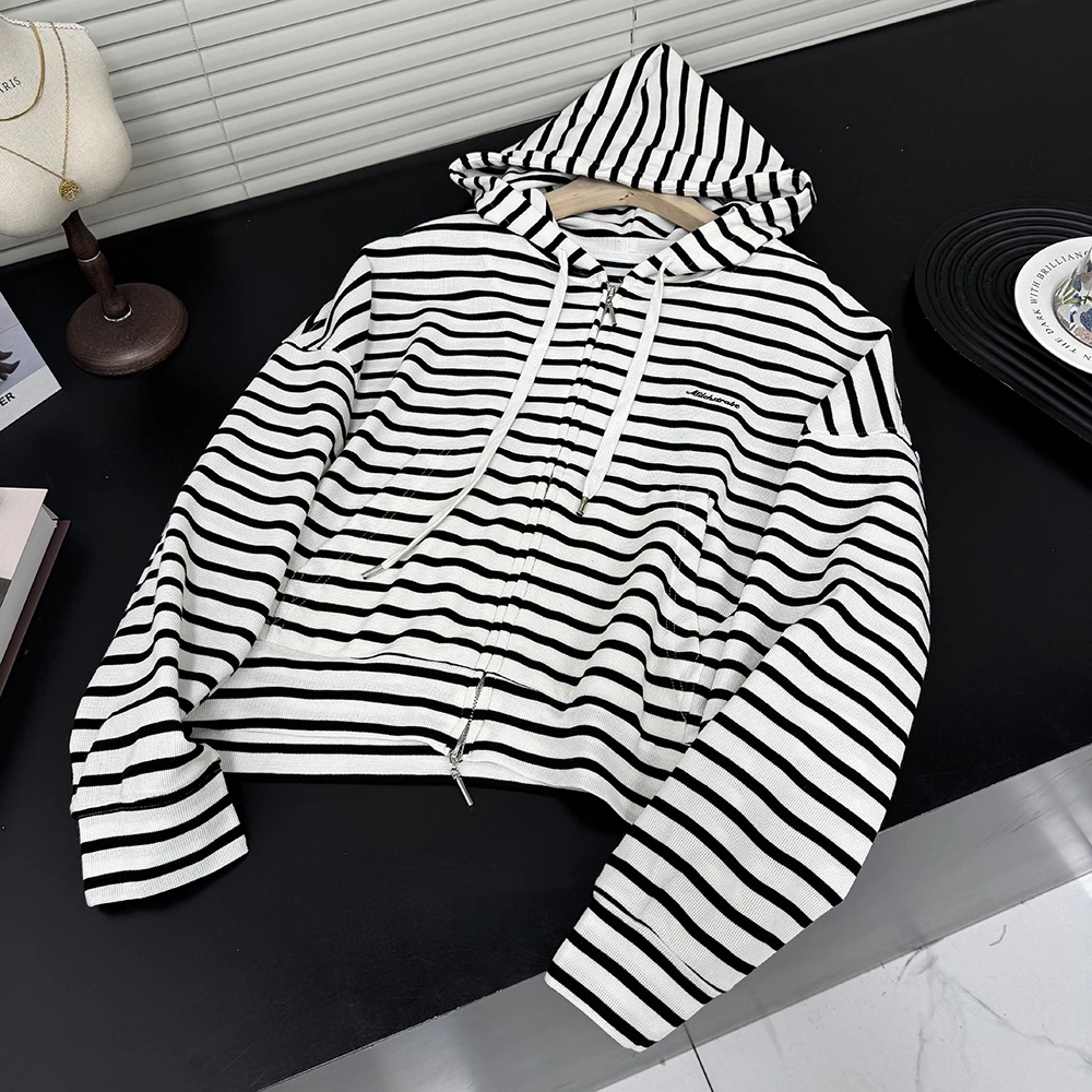 华夫格肌理条纹连帽慵懒宽松拉链长袖外套13128