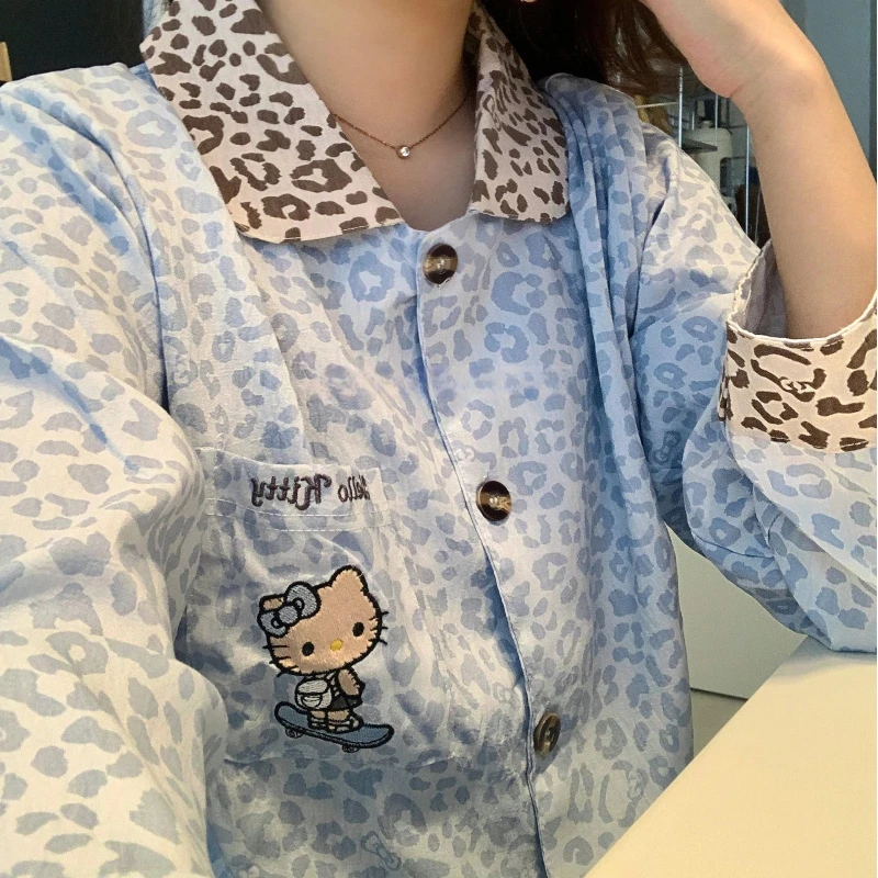 高级感hellokitty豹纹长袖睡衣女春秋新款云朵棉网红风家居服套装
