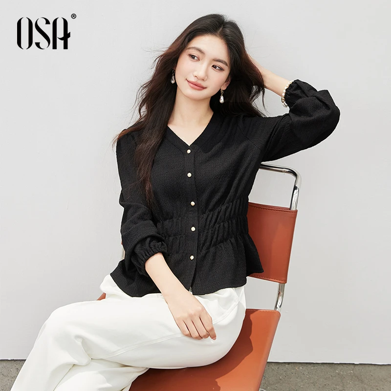 OSA/欧莎 复古肌理感收腰衬衫女高级感气质V领衬衣上衣S125C12017