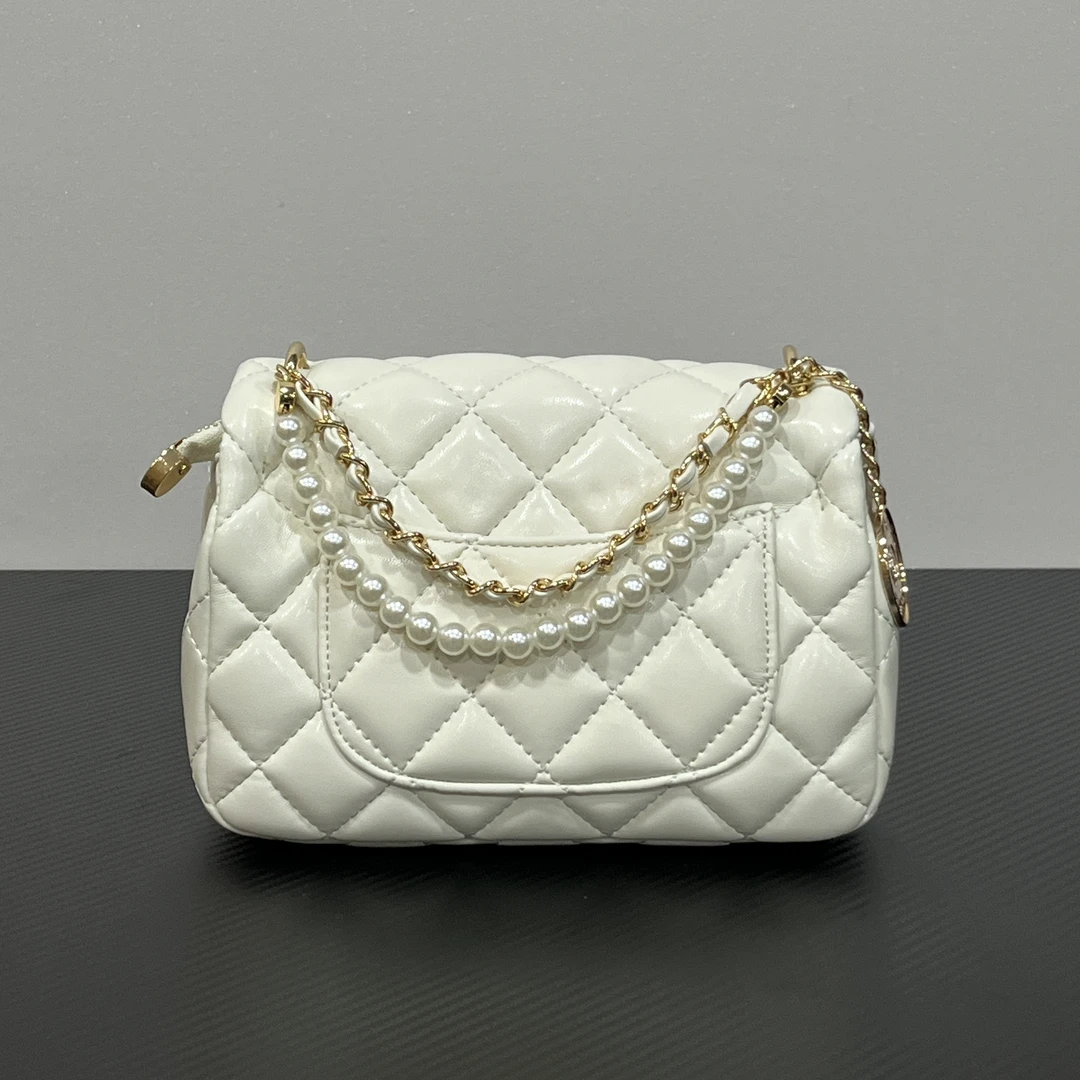 手工真皮包-1916-2B珍珠链方胖子-香-白