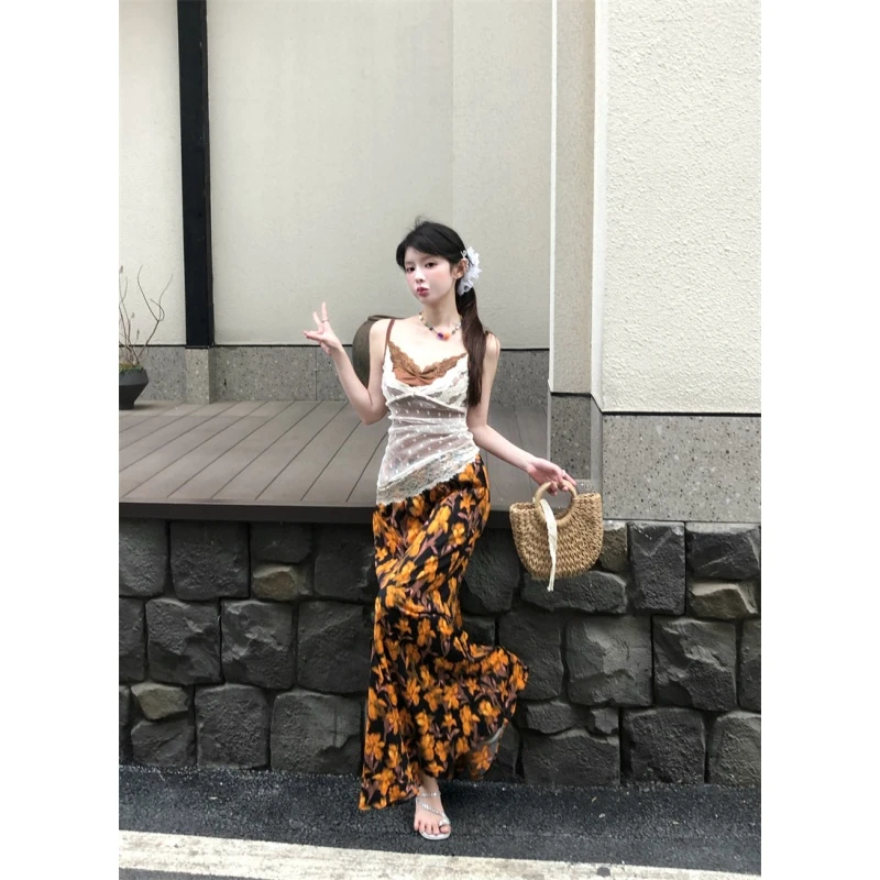 【三件套】夏季辣妹度假风防晒小开衫叠穿假两件背心女半身裙长裙