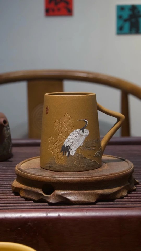 【恒星居茶器】寿石仙鹤杯•泥绘刻绘主人杯