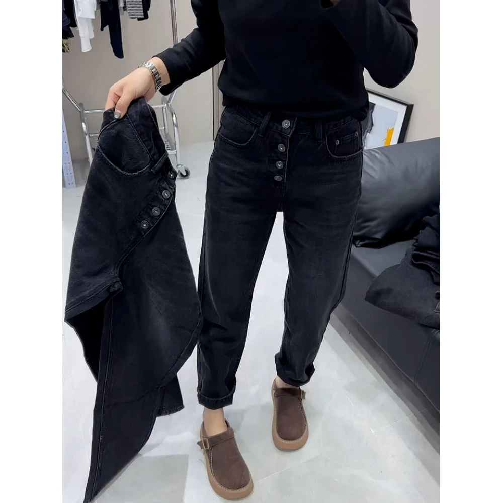 黑灰牛仔裤女秋冬季加绒大码高腰显瘦宽松单排扣弹力萝卜哈伦裤子