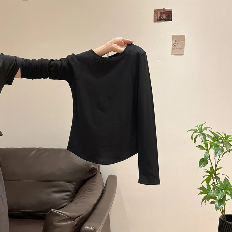 小婉薇内搭显瘦正肩磨毛长袖t恤女2026秋冬加绒加厚设计感上衣