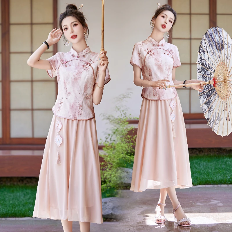 新中式改良旗袍套装连衣裙女2025夏季新款印花汉服禅意洋气衣服女