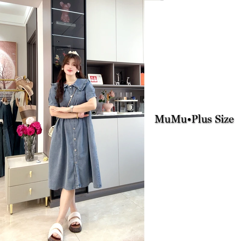 牛仔连衣裙2025夏季新款220斤胖mm大码娃娃领文艺风减龄显瘦A字裙