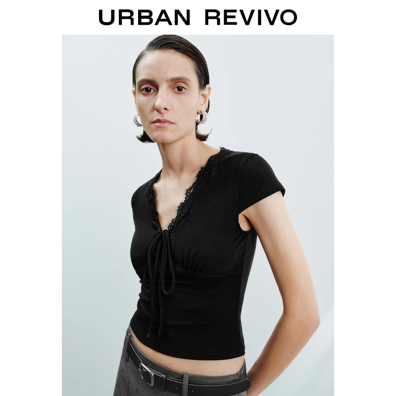 UR2025秋季新款女装气质魅力拼接蕾丝系带T恤UWG450159