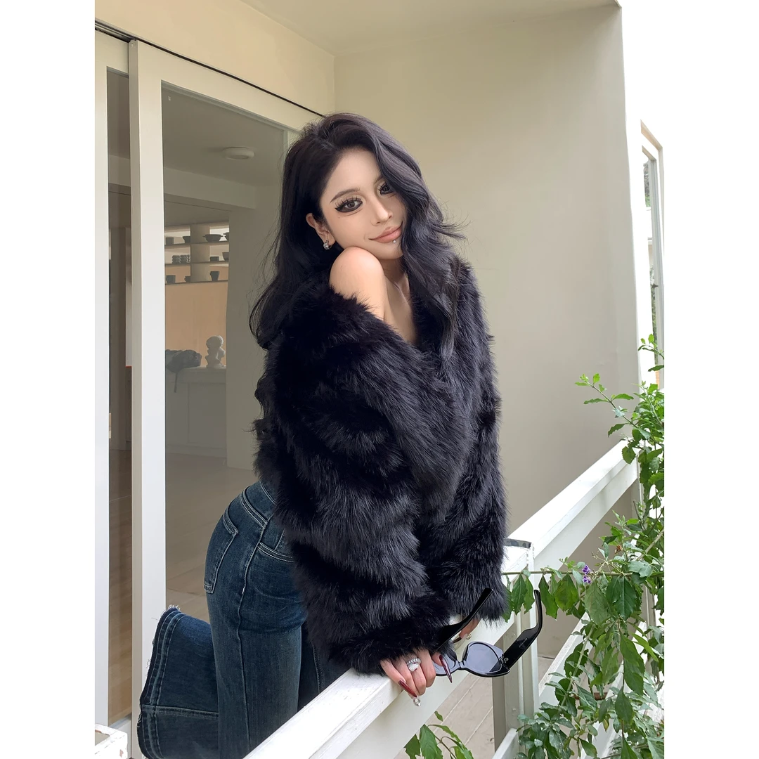 辣妹短外套短款冬季拼接女宽松外套网红气质毛皮草小香风轻奢