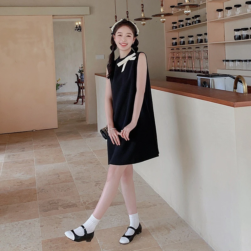法式连衣裙女夏季甜美气质无袖A字裙赫本风撞色蝴蝶结连衣裙
