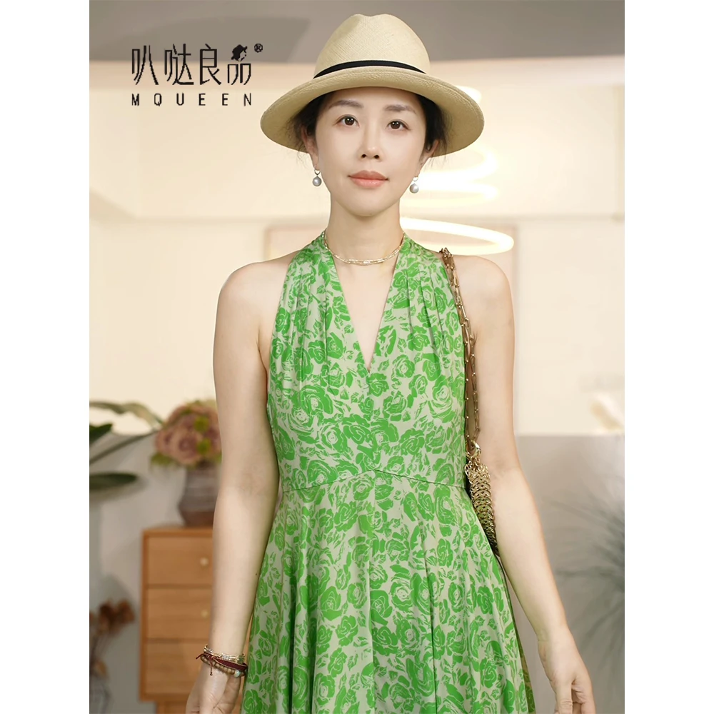 【叭哒不惑】花园桑蚕丝优雅印花无袖背心吊带收腰连衣裙大摆显瘦