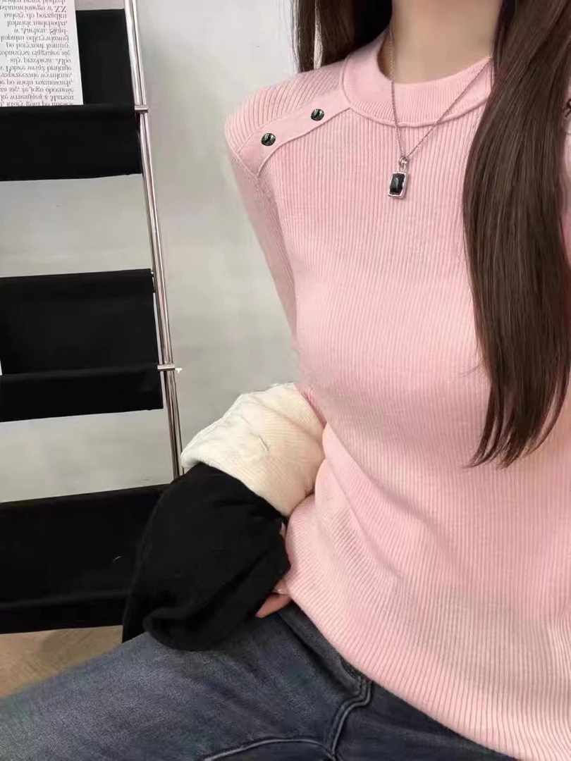 欧货圆领肩扣修身薄款水溶细8425针织打底衫