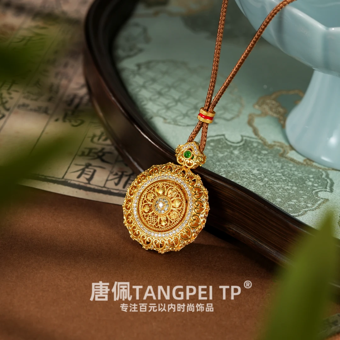 铜合金布艺项链 设计感 国风花丝如意罗盘项链编织毛衣链时尚饰品